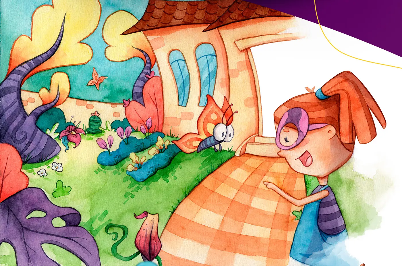 Ilustração da Lila observando um lindo jardim